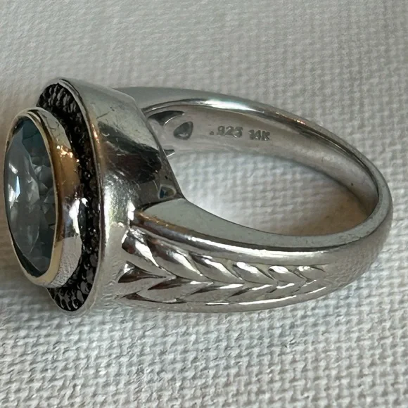 Stunning 925 Silver and 14k Gold Blue Topaz with Diamonds Ring - Picture 2 of 9